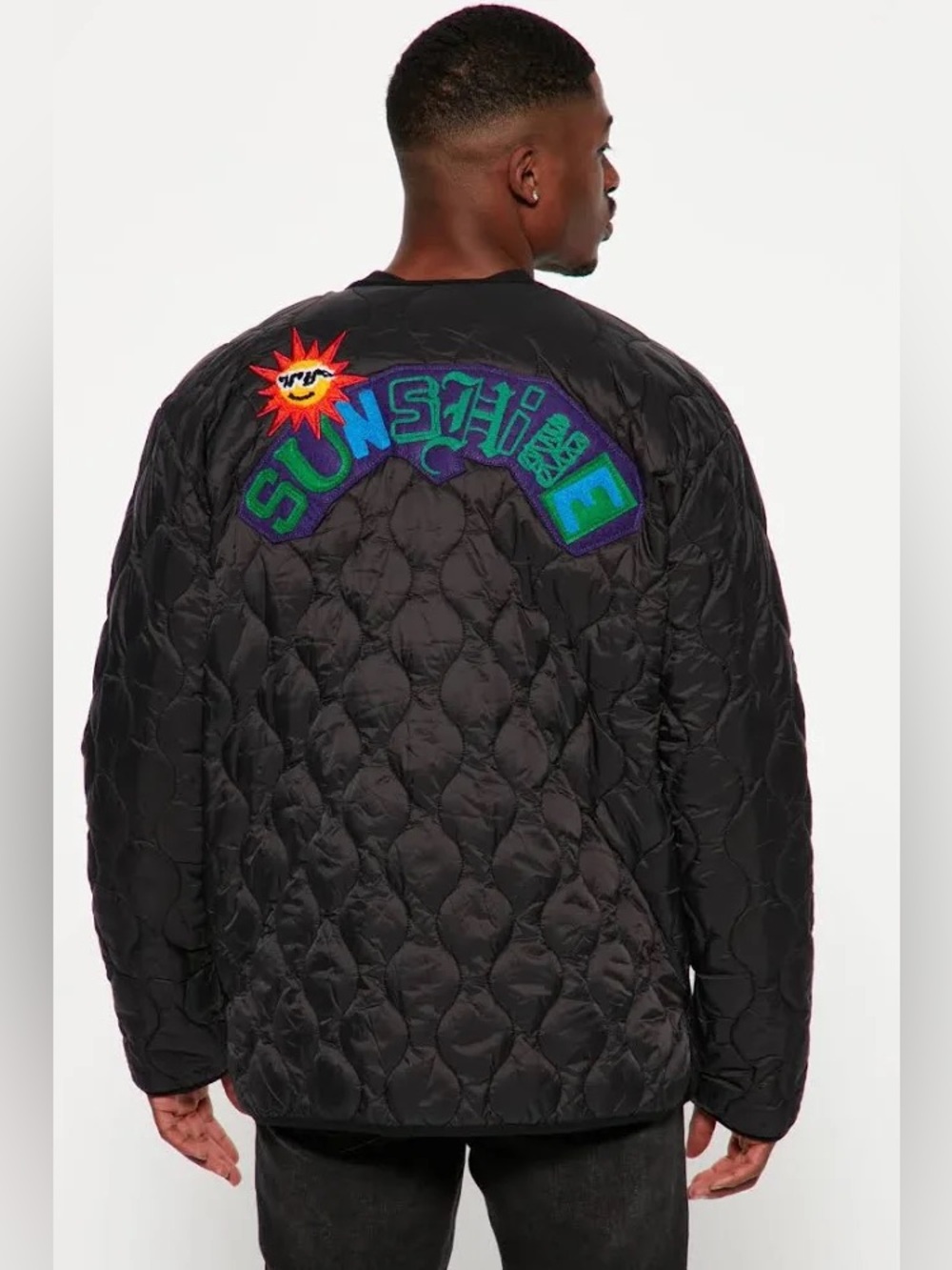 First Row Quilted Padding Bomber Jacket With Patchwork - Picture 4 of 9